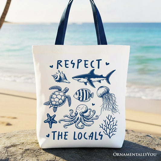 Respect the Locals Ocean Animals Canvas Tote Bag, Cute Vacation Gift Shopper