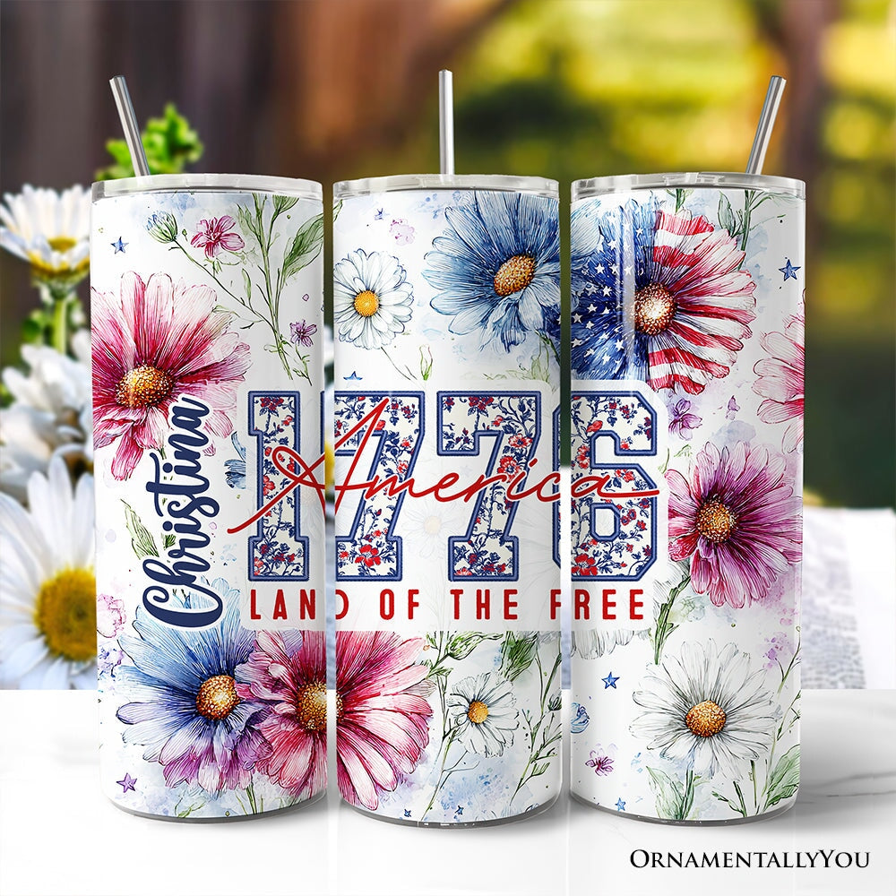 Retro America 1776 Daisy Flower 20oz Personalized Tumbler With Lid and Stainless Steel Straw, Land of the Free Patriotic Gift Cup