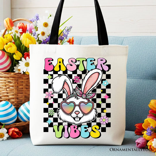 Retro Easter Bunny Sunglasses Tote Bag, Groovy Checkered Gift Shopper