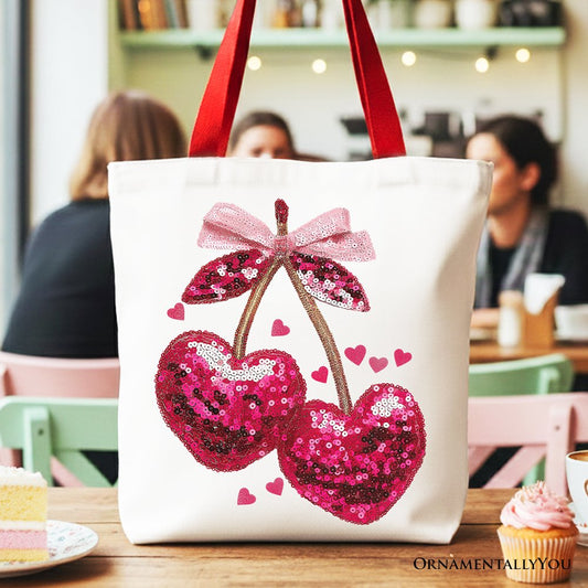 Sequin Pink Cherry Heart Canvas Tote Bag, Valentine Coquette Trendy Women Gift