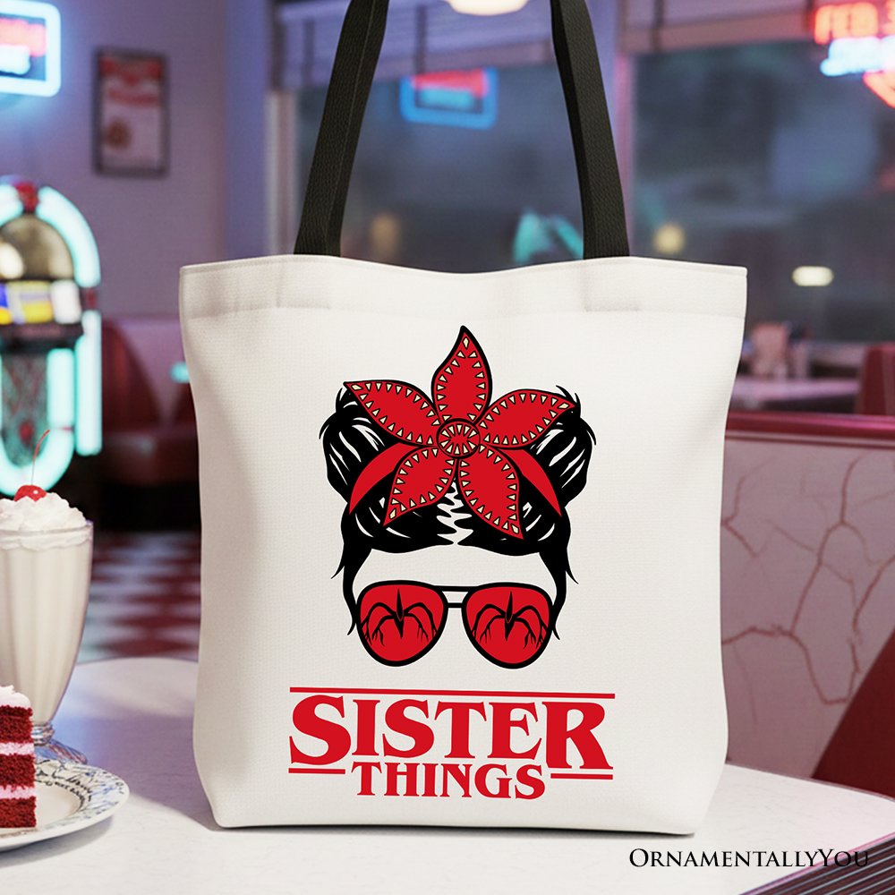 Sister Things Messy Bun Retro Canvas Tote Bag, Red Bandana Glasses Family Matching Gift Shopper