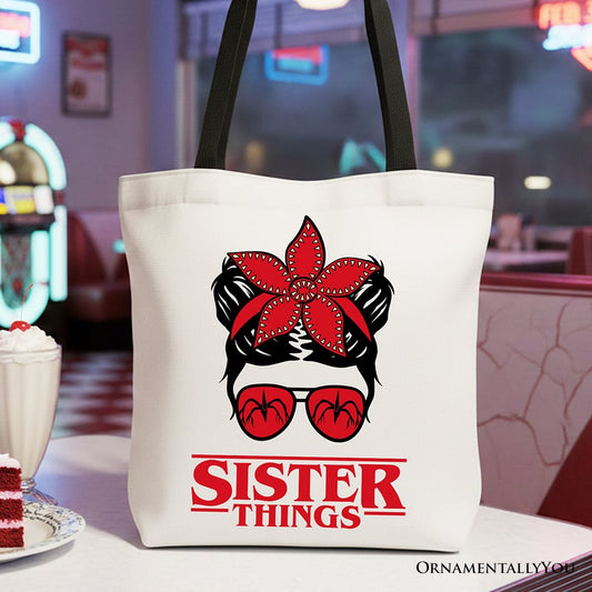 Sister Things Messy Bun Retro Canvas Tote Bag, Red Bandana Glasses Family Matching Gift Shopper