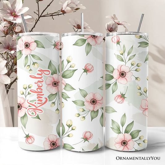 Soft Pink Wildflower 20oz Personalized Tumbler With Lid and Stainless Steel Straw, Elegant Floral Pattern Gift Cup