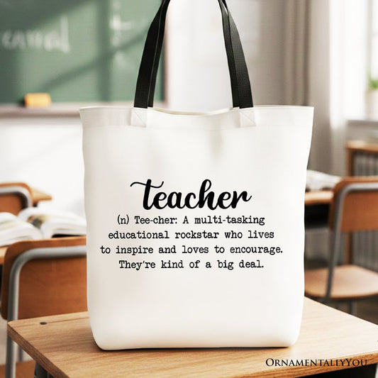 Teacher Definition Canvas Tote Bag, Inspirational Quote Gift Shopper for Educators