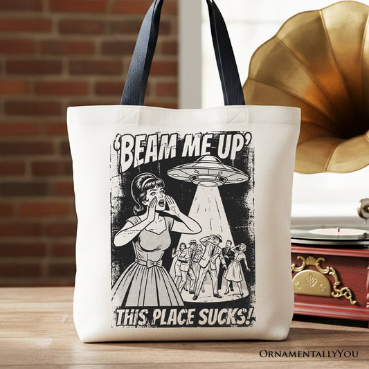 UFO Meme Beam Me Up This Place Sucks Canvas Tote Bag, Cynical Woman Alien Abduction Retro Comic Gift Shopper