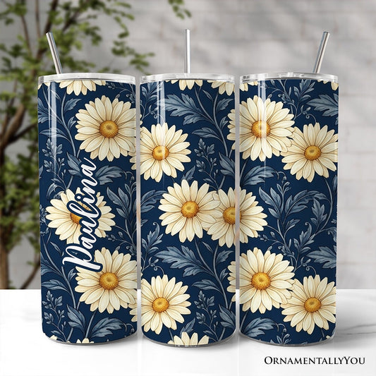 Vintage Daisy Floral Pattern 20oz Personalized Tumbler With Lid and Stainless Steel Straw, Navy Blue Cottage Garden Gift Cup