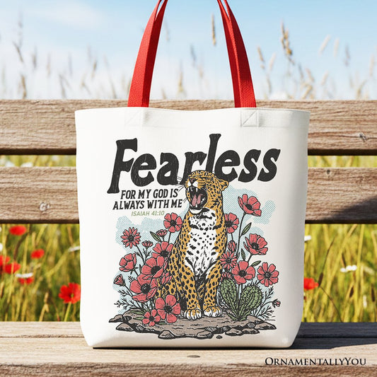 Vintage Floral Leopard Christian Canvas Tote Bag, Fearless For My God Is Always With Me Isaiah 41:10 Gift Shopper