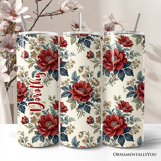 Vintage Red Poppy 20oz Personalized Tumbler With Lid and Stainless Steel Straw, Romantic Floral Pattern Gift Cup