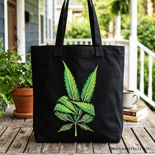 Weed Leaf Peace Sign Tote Bag, Funny 420 Stoner Gift Shopper