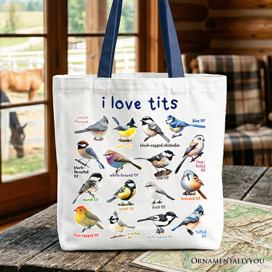 Whimsical Bird Tit Tote Bag, Funny Birdwatcher Gift Shopper Gift for Birder