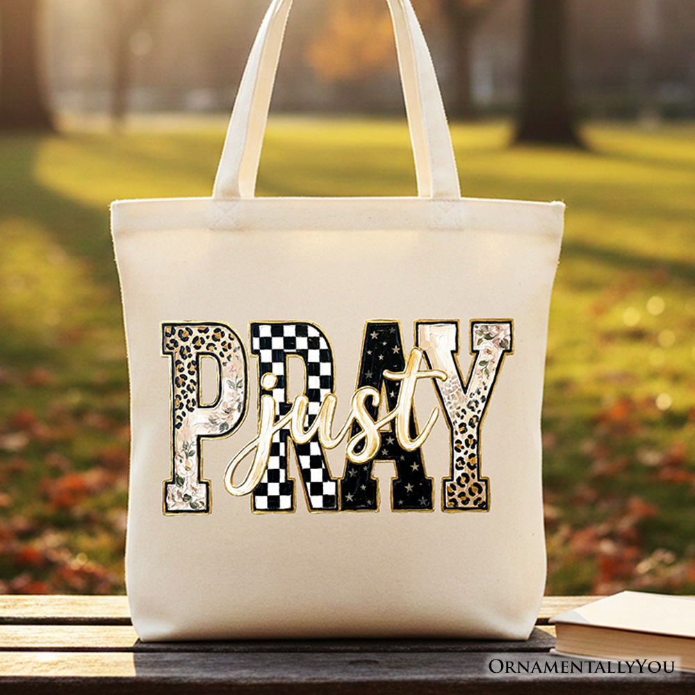 Just Pray Christian Varsity Tote Bag, Retro Leopard Checkered Faith Gift Shopper