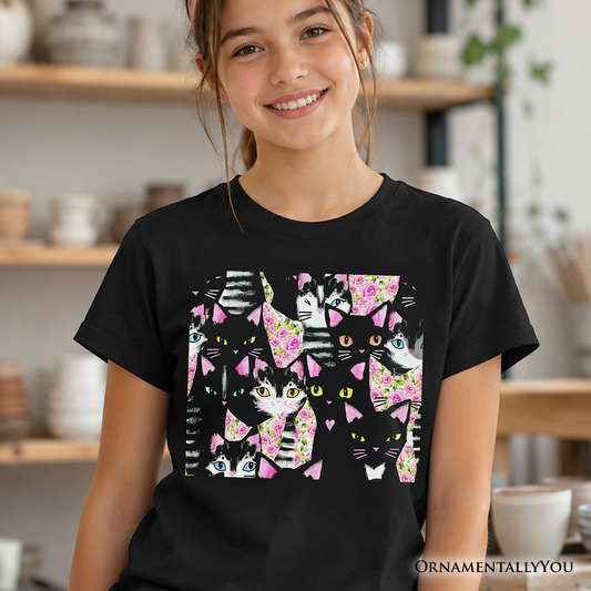 Floral Cat Pattern Kids T-Shirt, Cute Kitten Collage Tee for Youth Girls