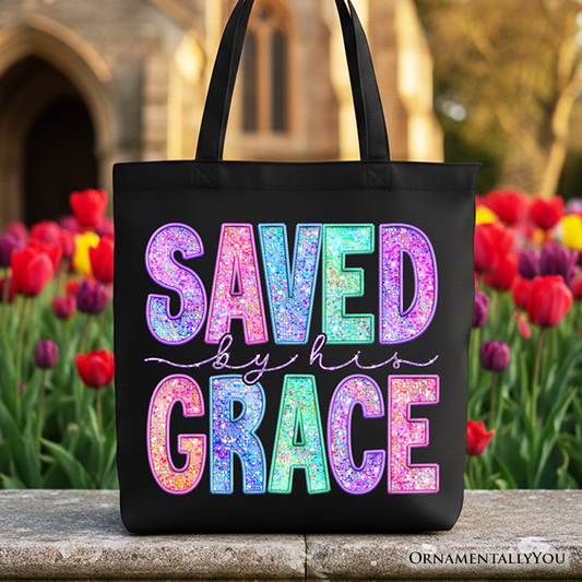 Saved By His Grace Printed Faux Sequin Christian Tote Bag, Religious Love Gift Shopper