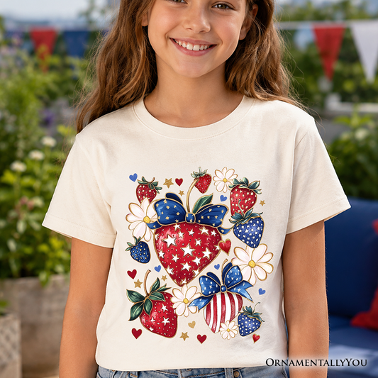 Kids Patriotic Boho Strawberries Bouquet T-Shirt, Youth 4th of July Festive Patch Tee