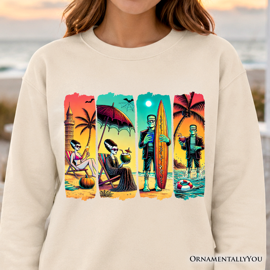 Frankenstein's Beach Vacation Sweatshirt, Retro Neon Surf Style Sweater for Horror Fans with Summer Vibes