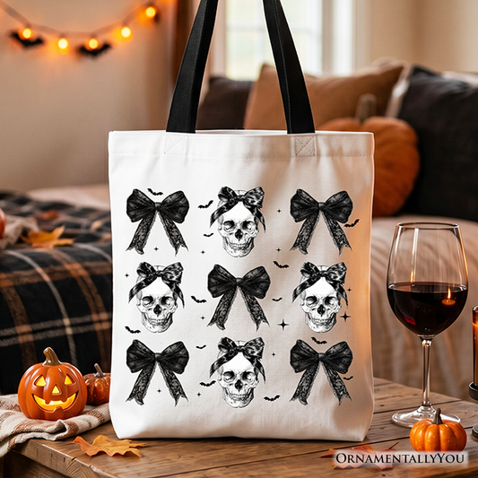 Coquette Skulls and Bows Tote Bag, Gothic Halloween Gift Shopper for Stylish Women