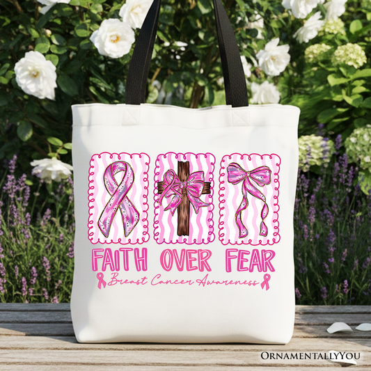 Faith Over Fear Breast Cancer Christian Tote Bag, Pink Ribbon Awareness Gift Shopper