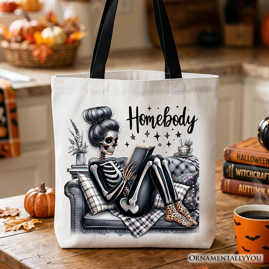 Homebody Reading Skeleton Tote Bag, Funny Lazy Selfcare Gift Shopper for Introvert Women