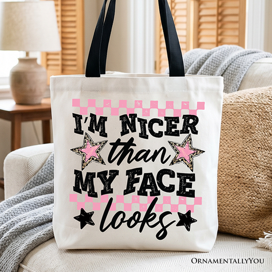 I’m Nicer Than My Face Looks Sarcastic Tote Bag, Relatable Checkered Gift Shopper