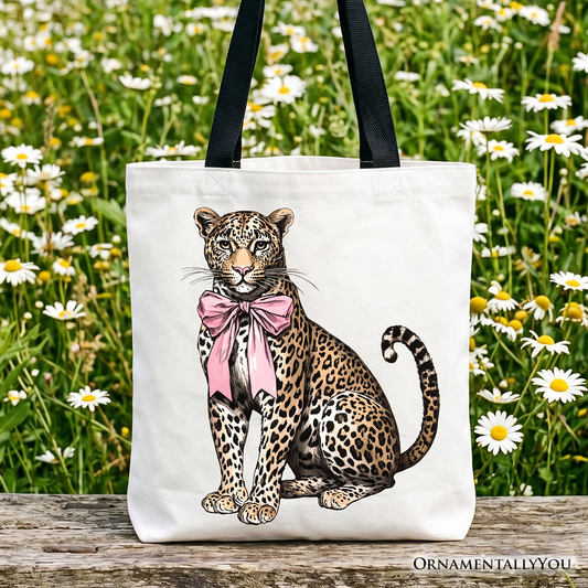 Leopard With Coquette Bow Tote Bag, Animal Trendy Preppy Gift Shopper