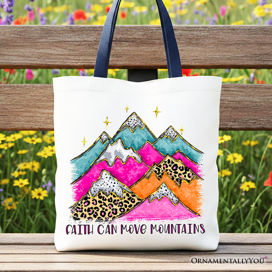 Faith Can Move Mountains Christian Tote Bag, Leopard Inspirational Gift Shopper
