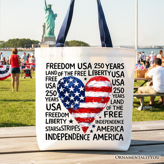 USA 250 Heart Patriotic Tote Bag, Retro 4th of July Gift Shopper