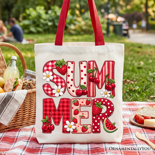Strawberry Cherry Printed Faux Patchwork Tote Bag, Summer Fruit Picnic Gift Shopper