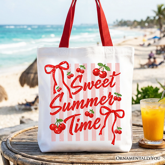 Striped Cherry Sweet Summer Time Tote Bag, Coquette Vacation Gift Shopper