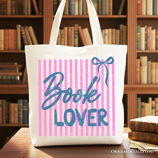 Book Lover Striped Reader Tote Bag, Coquette Bookworm Gift Shopper