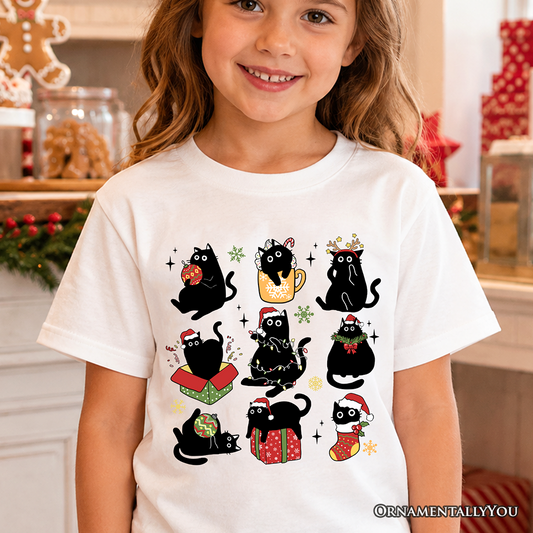 Kids Christmas Black Cats T-Shirt, Whimsical Cats with Santa Hat Youth Tee