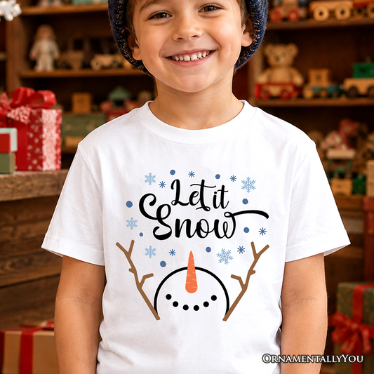 Kids Let It Snow Snowman T-Shirt, Snowflakes Minimalist Youth Tee for Winter Holiday Season