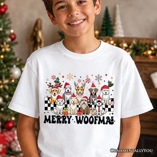 Kids Merry Woofmas Dog T-Shirt, Dogs With Santa Hats Christmas Youth Tee