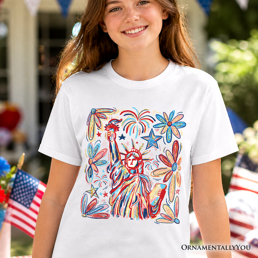 Kids Patriotic Statue of Liberty and Fireworks T-Shirt, Festive 4th of July Youth Tee