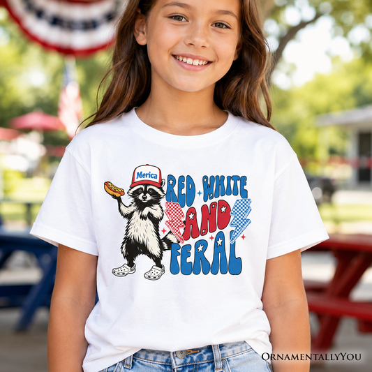 Kids Red, White & Feral Raccoon T-Shirt, Wild Youth Patriot American Tee