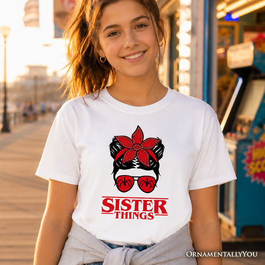 Kids Sister Things Messy Bun Retro T-Shirt, Red Bandana Glasses Family Matching Youth Tee