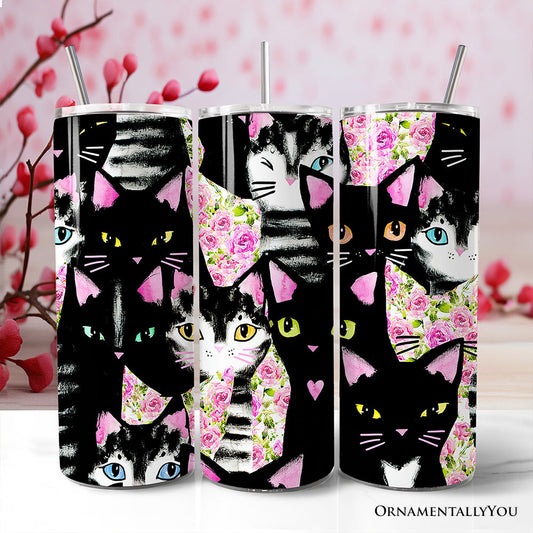 Black Cats Pink Rose Pattern 20oz Personalized Tumbler With Lid and Stainless Steel Straw, Cute Floral Kitty Gift Cup