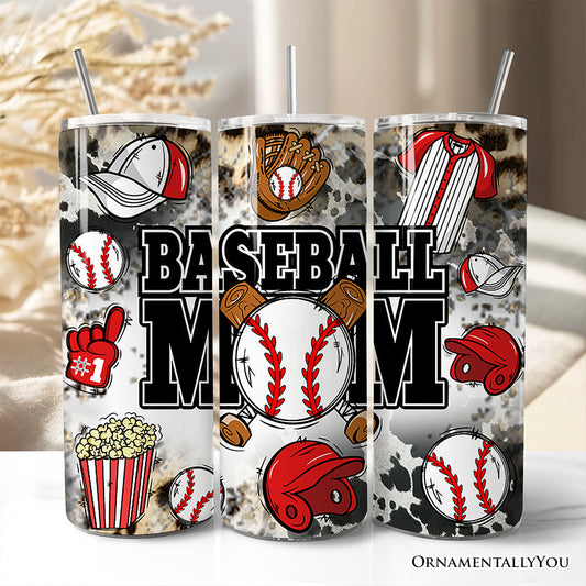 Black and Red Baseball Mom Pattern 20oz Personalized Tumbler With Lid and Stainless Steel Straw, Proud Sports Mothers Gift Cup