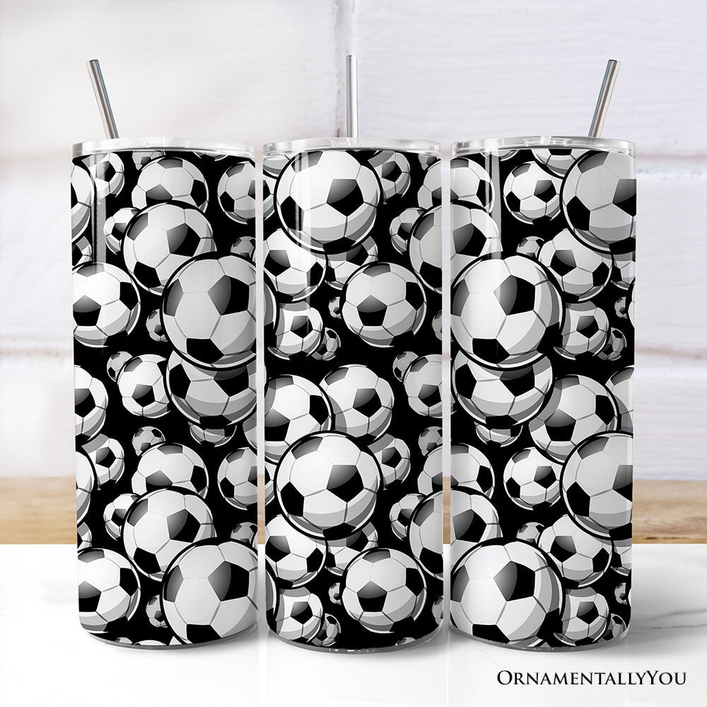 Black and White Soccer Ball 20oz Personalized Tumbler With Lid and Stainless Steel Straw, Football Sports Print Gift Cup