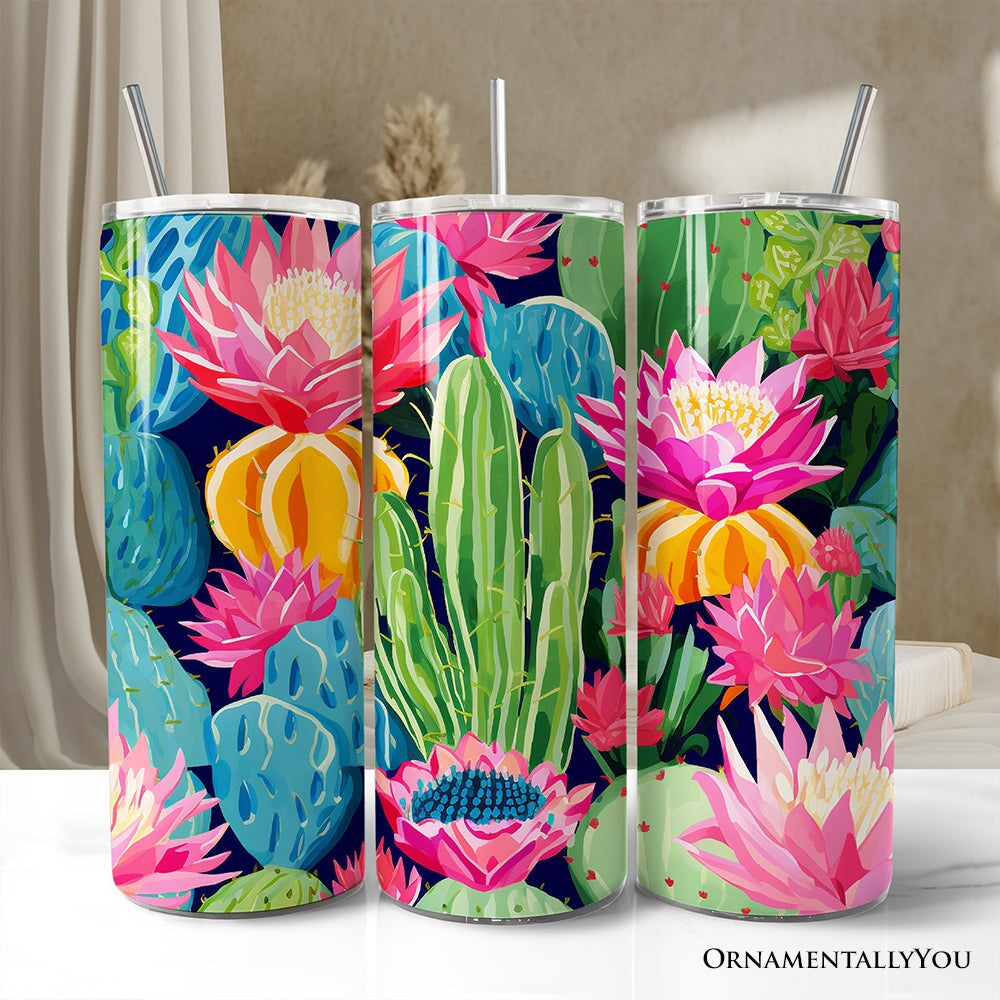 Blooming Desert Cactus Garden 20oz Personalized Tumbler With Lid and Stainless Steel Straw, Colorful Succulent Floral Gift Cup