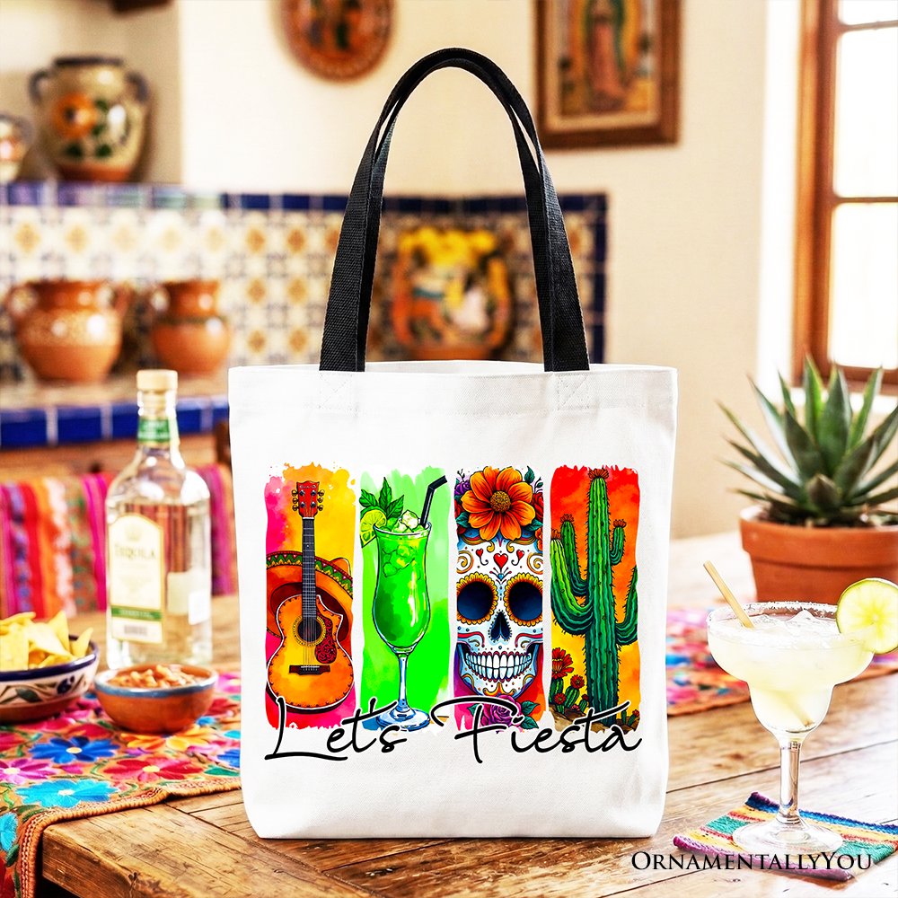 Cinco De Mayo Brushstroke Mexican Tote Bag, Let’s Fiesta Guitar Margarita Skull Cactus Gift Shopper