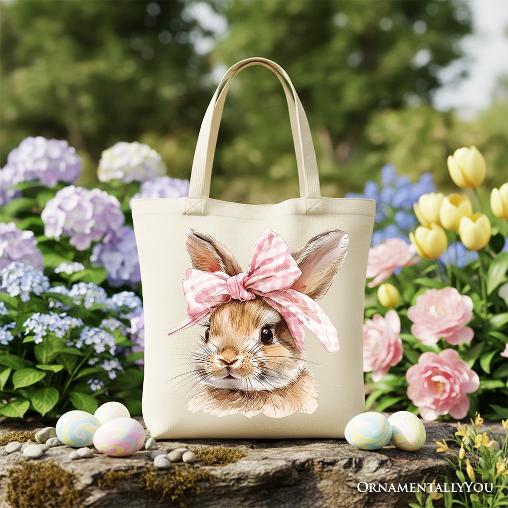 Easter Bunny Coquette Pink Bow Tote Bag, Cute Watercolor Gift Shopper