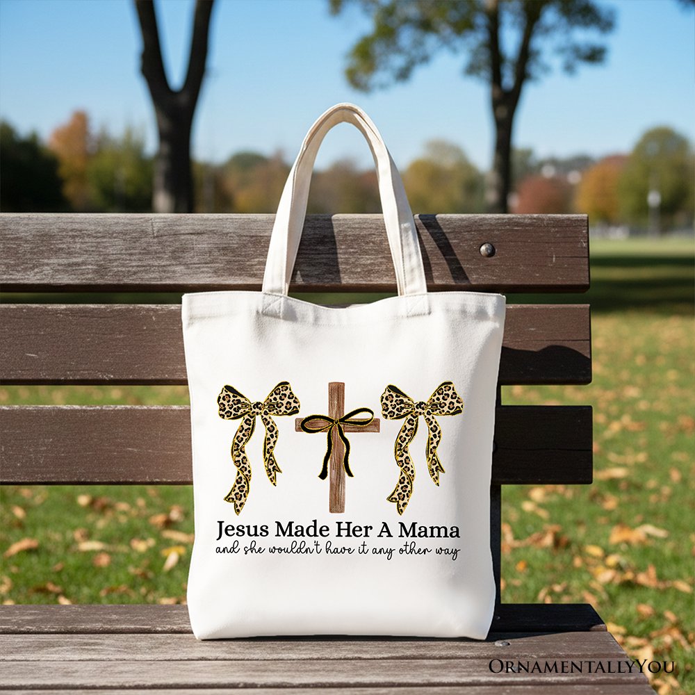 Jesus Made Her A Mama Tote Bag, Coquette Christian Leopard Bows Faith Gift Shopper