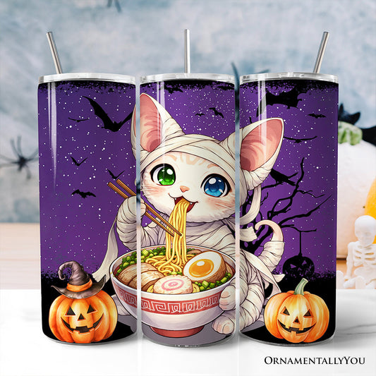 Kawaii Halloween Ramen Sphynx Cat 20oz Personalized Tumbler With Lid and Stainless Steel Straw, Japanese Anime Gift Cup