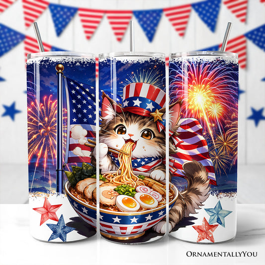 Kawaii Patriotic Ramen Maine Coon Cat 20oz Personalized Tumbler With Lid and Stainless Steel Straw, Japanese Anime Gift Cup