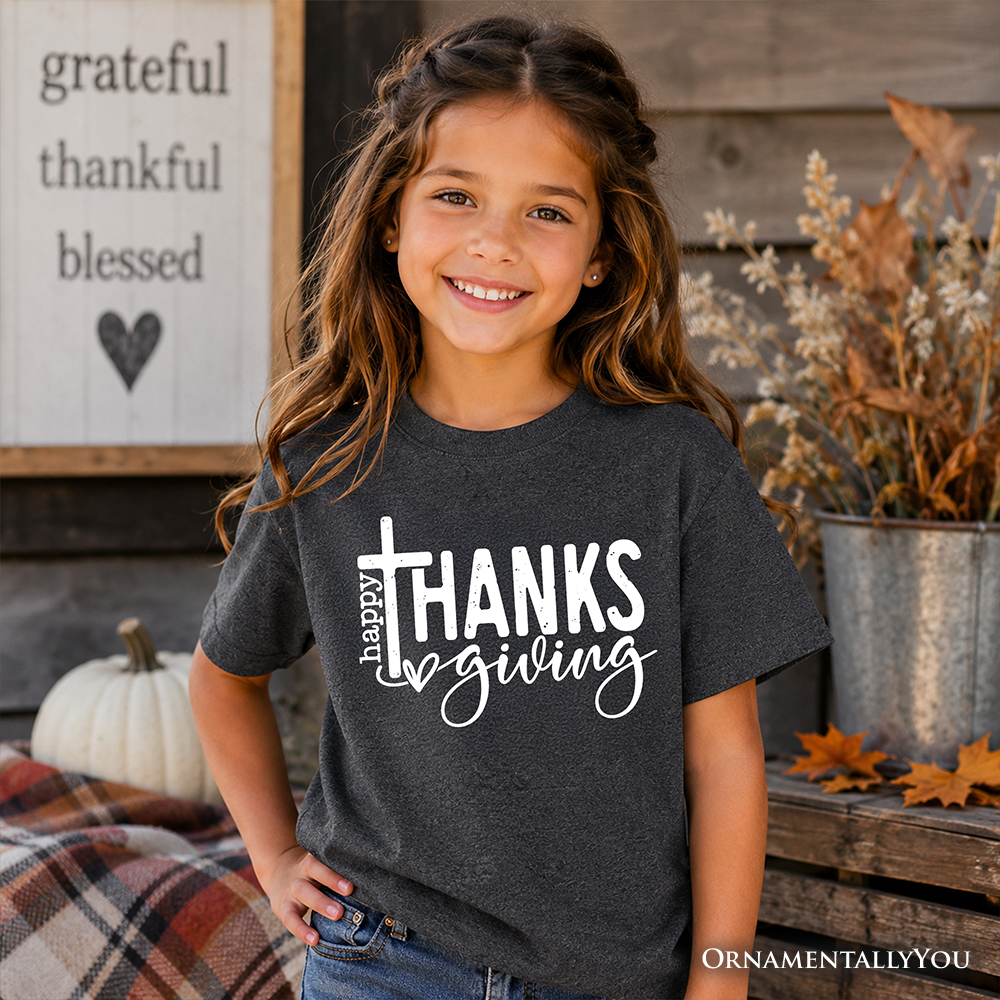Kids Happy Thanksgiving Minimalist T-Shirt, Christian Religious Fall Tee for Youth