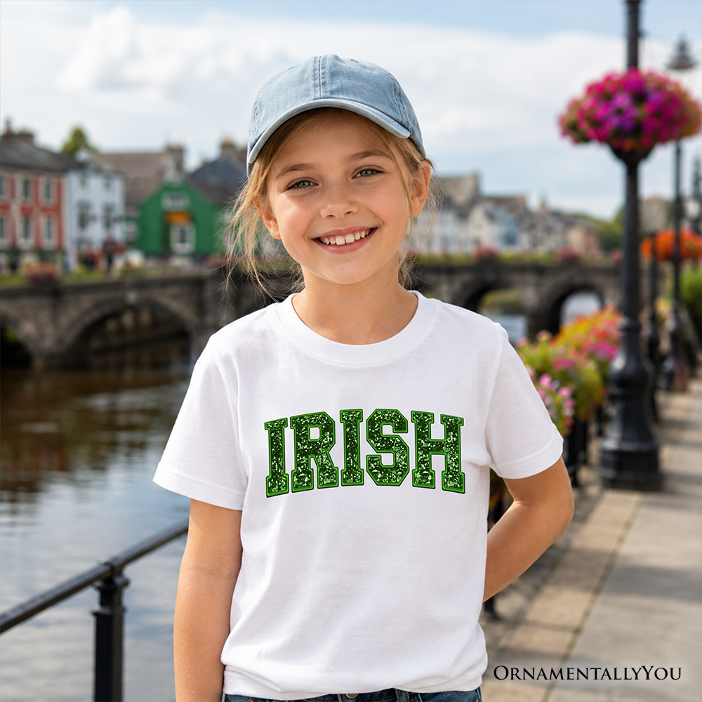 Kids Irish Sequin St Patrick's Day T-Shirt, Festive Green Glitter Imitation Tee for Youth