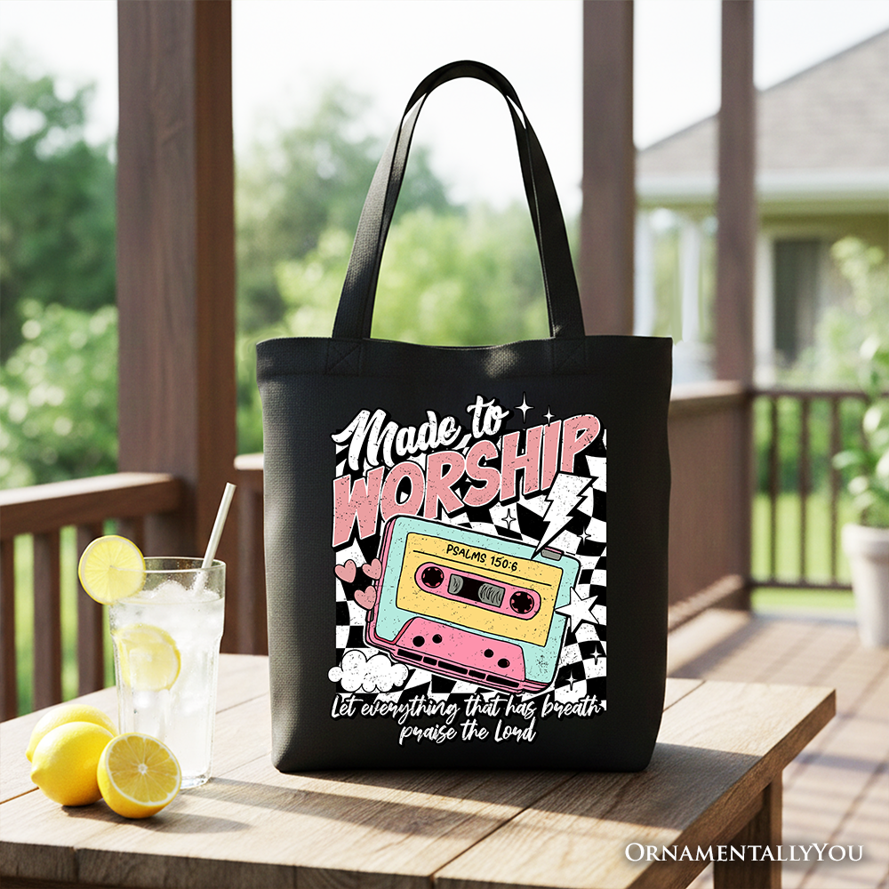 Made to Worship Christian Retro Tote Bag, Psalm 150:6 Bible Verse Gift Shopper