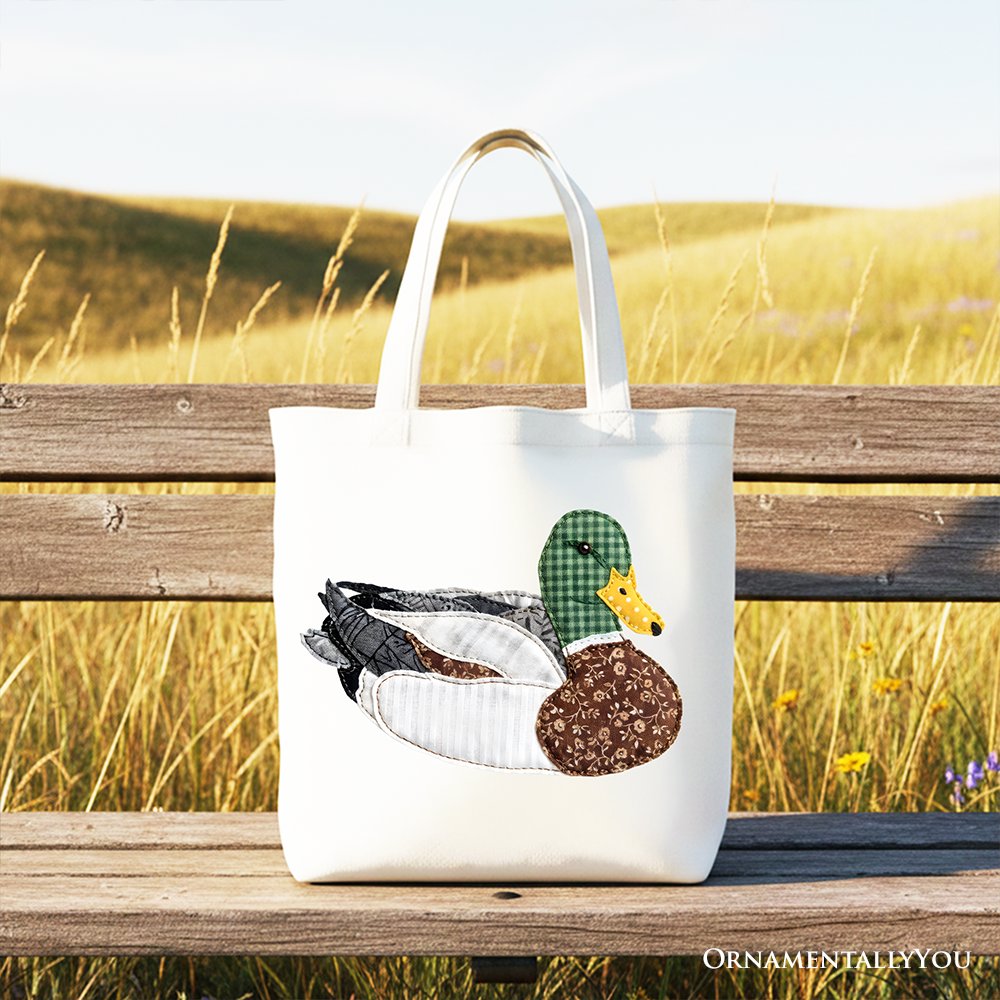 Mallard Duck Printed Faux Patchwork Tote Bag, Hunting Outdoors Gift Shopper