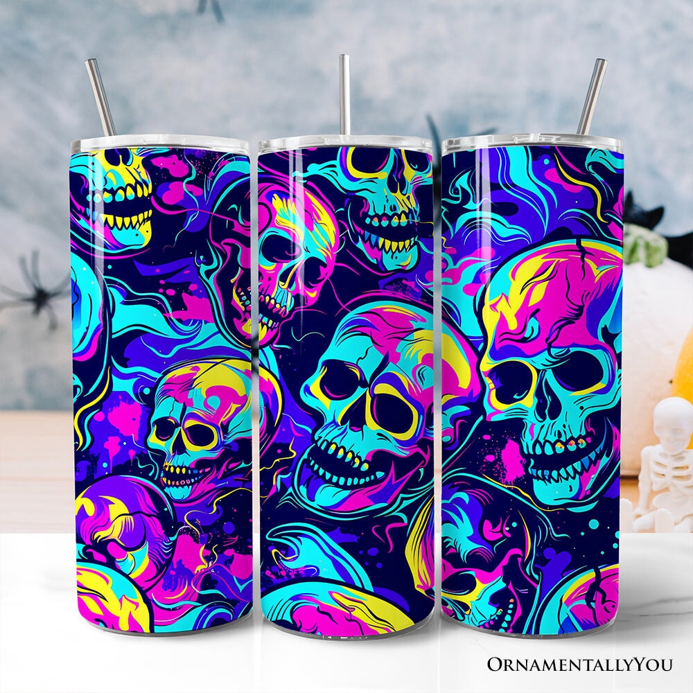 Neon Skull Chaos 20oz Personalized Tumbler With Lid and Stainless Steel Straw, Psychedelic Horror Halloween Gift Cup