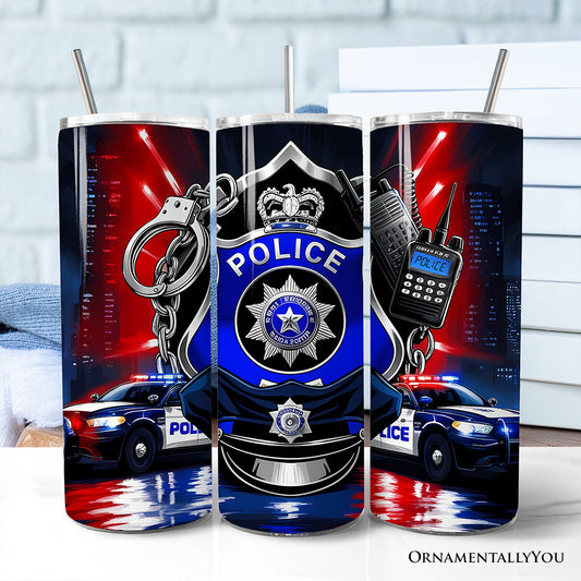 Police Badge and Patrol Car 20oz Personalized Tumbler With Lid and Stainless Steel Straw, Law Enforcement Appreciation Gift Cup